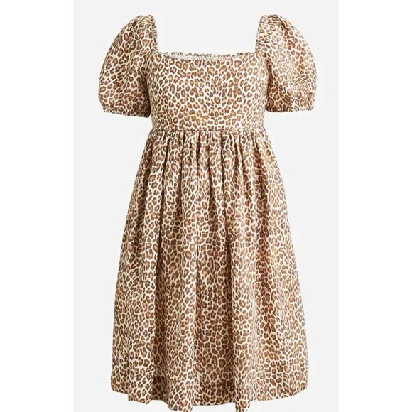 J.Crew Leopard Print Puff Sleeve Smocked Dress Size 12 - Picture 1 of 14